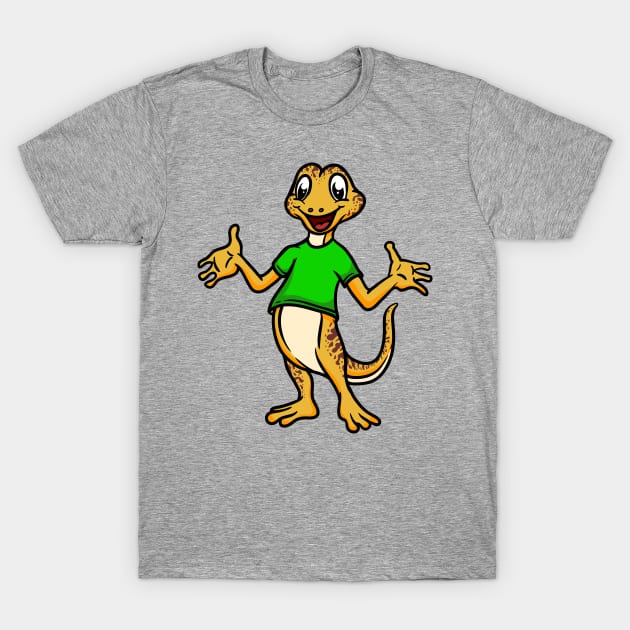 Cute Anthropomorphic Human-like Cartoon Character Gecko in Clothes T-Shirt by Sticker Steve